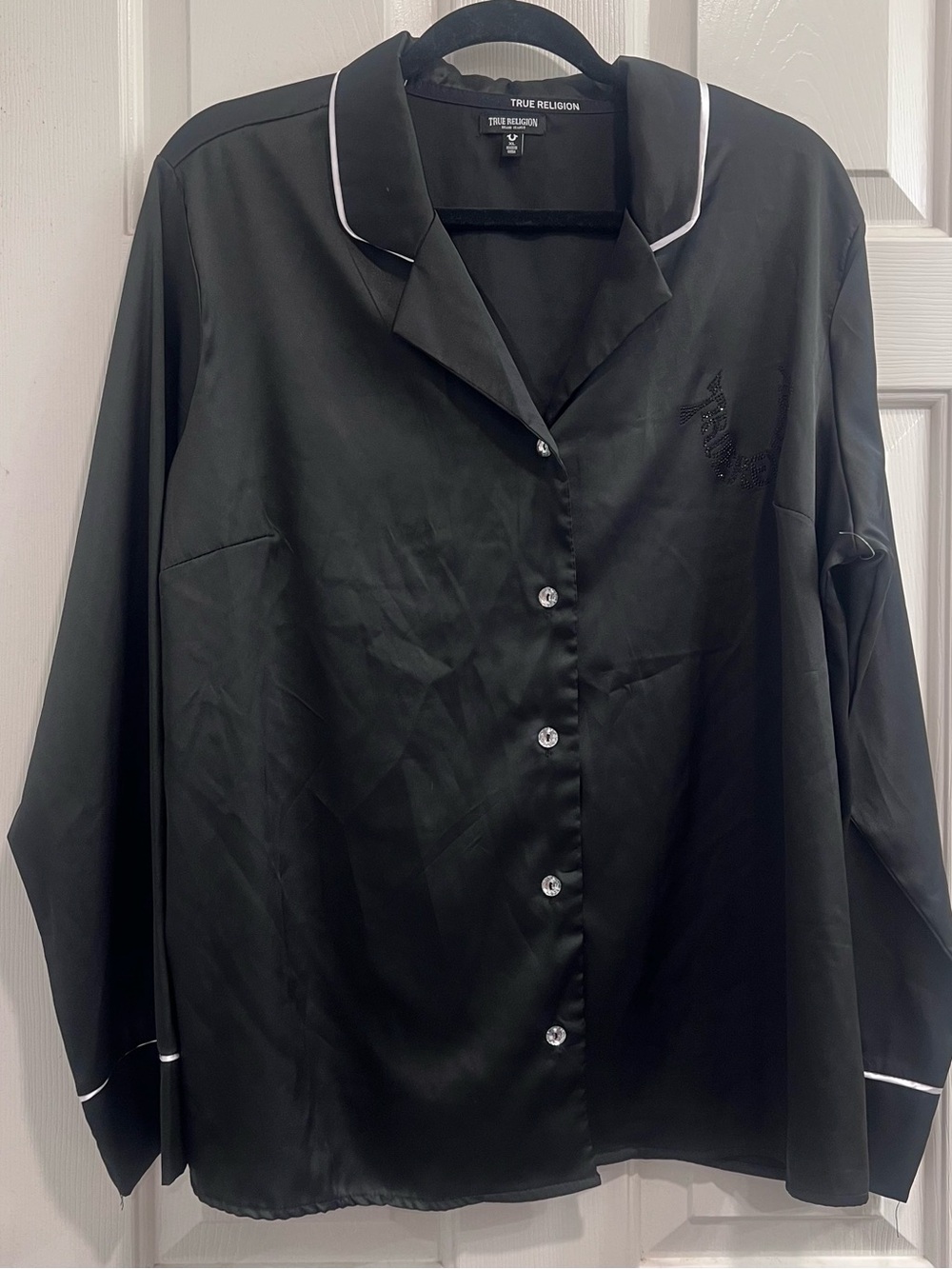 True Religion Black Satin Pajama Shirt with White Piping